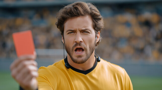 Soccer Game Referee Dispute: A player in a jersey arguing with a referee with a whistle a red card and a grassy field with spectators. high quality photo ultra high detail