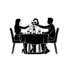 Fototapeta premium Vector art of silhouette of people toasting with wine glasses at a table romantic dinner for three friends celebrating