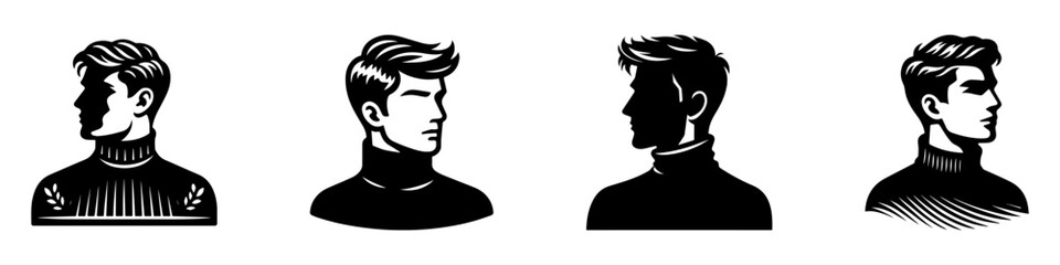 Modern Minimalist Man Wearing Turtleneck Half-Body Icon, Flat Silhouette of a Stylish Figure Vector for Fashion Illustration Design
