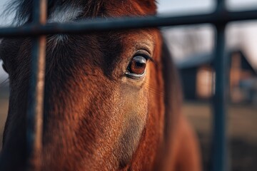Close-up of a horse's eye through a fence