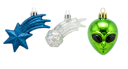 Blue and white glass star comet ornaments with a green alien head Christmas tree decoration, festive holiday decor