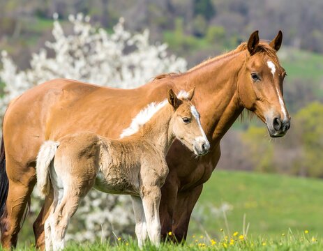 Mother horse and foal in a spring meadow