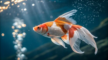 Elegant Goldfish Swimming in Clear Water with Bubbles and Light