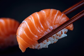 Close-up of a salmon sushi piece held by chopsticks