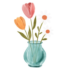watercolor bouquet of tulips and daisy in vase