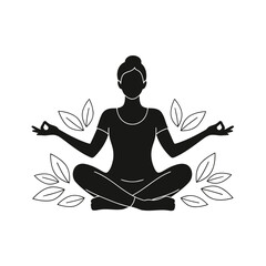 Vector art of silhouette of a woman in lotus position surrounded by leaves a serene scene of mindfulness and nature