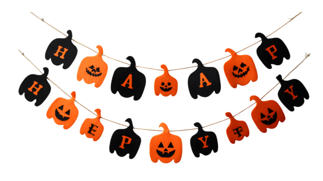 Happy Halloween bunting flags in black and orange, isolated on white background
