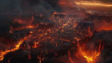 Naklejka premium Aerial view of a city engulfed in lava and smoke