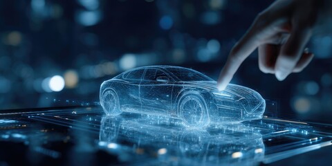 Futuristic car design displayed on a touch screen.  A hand interacts with a digital model