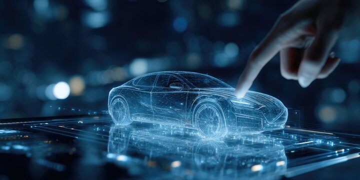 Futuristic car design displayed on a touch screen.  A hand interacts with a digital model
