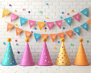 Obraz premium A colorful birthday party setup featuring festive banners and bright party hats against a white brick wall