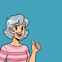 A happy cartoon woman with short stylish blue hair giving a positive thumbsup gesture.