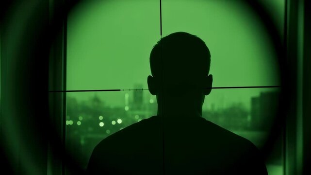 Man viewed through sniper scope during night operation. Military surveillance and war footage.