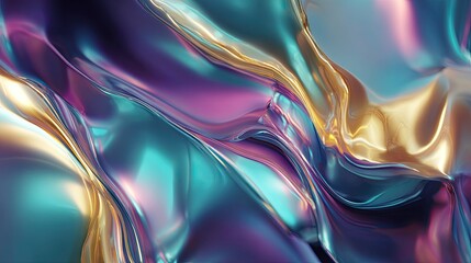 Obraz premium Glassy fluid abstract background with a golden oil slick pattern, neon violet and teal accents, reflective metallic feel, realistic studio lighting, smooth transitions