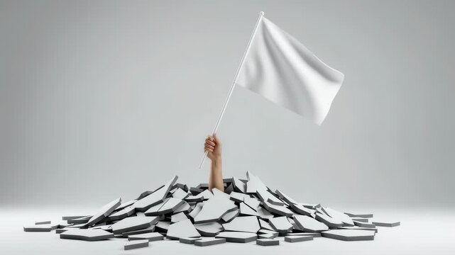 Human arm emerges from broken debris waving white flag as a symbol of surrender or truce. Cloud dancer color of year 2026