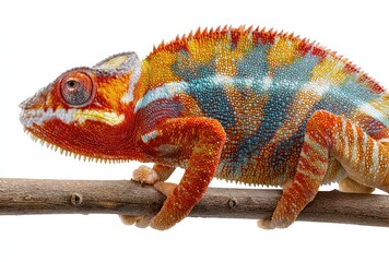 Obraz premium A vibrantly colored chameleon, with hues of red, orange, yellow, and blue, perches on a slender branch against a bright white background