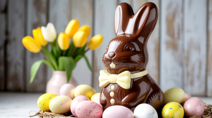 Chocolate easter bunny with pastel eggs and tulips on rustic table