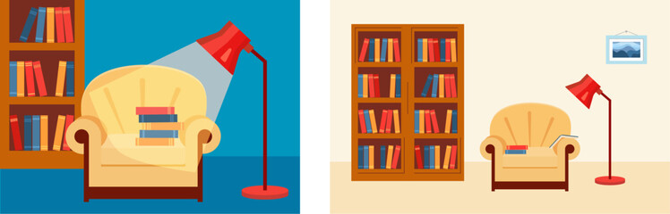 Interior Home library. Books are lying on a chair and a lamp is shining.