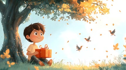 A cartoon boy sits happily under an autumn tree holding a gift with birds flying in the sunny sky