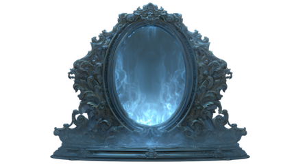 Haunted mirror with eerie glowing reflection, AI generated, isolated on white background
