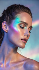 Artystyczny portret kobiety z holograficznym makijażem. Koncepcja kreatywności, piękna i futuryzmu.