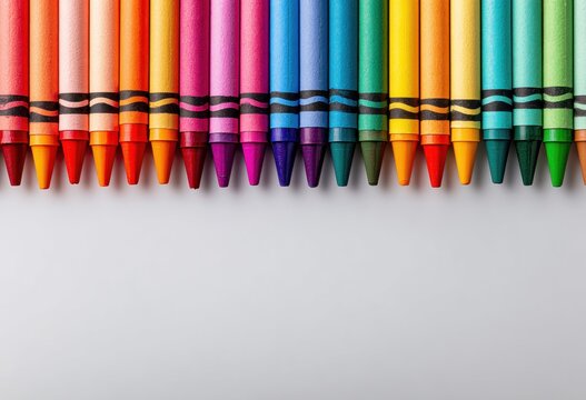 A row of colorful wax crayons neatly aligned on a white surface, creating a vibrant spectrum from red to green - Powered by Adobe
