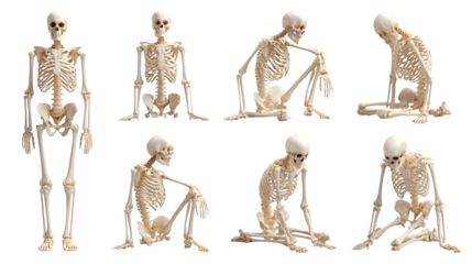 Human skeleton set in multiple standing and sitting poses, isolated on white background
