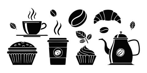 Vector silhouettes of coffee set icons