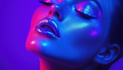 Glowing Beauty: High-Fashion Model With Metallic Silver Lips And Face In Neon Blue And Purple Lights, Stunning Makeup With Glitter And Vivid Neon Accents.