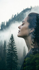 Jedność z naturą. Podwójna ekspozycja portretu kobiety i mglistego lasu.  © Henryk Guziak