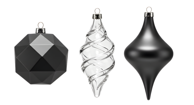 Set of three modern black and silver Christmas ornaments including faceted, spiral, and teardrop shapes on white background, perfect for holiday decoration