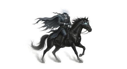 Obraz premium Eerie spectral horseman, cloaked and shadowy with glowing eyes, powerfully gallops on a magnificent black steed, a legendary figure from dark myths