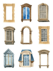 Vintage window architecture png collection watercolor illustration