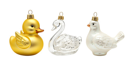 Set of three vintage glass Christmas ornaments in shapes of a yellow duck, white swan, and white bird, perfect for holiday decoration