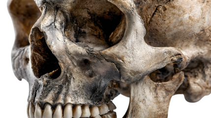 Human skull with attached lower jaw in close-up view, isolated on white background
