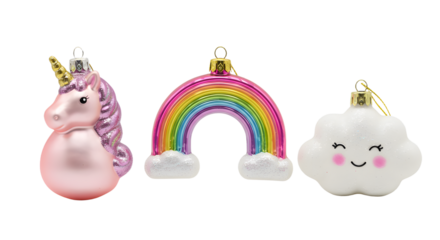 Cute unicorn, rainbow, and smiling cloud Christmas ornaments isolated on white background perfect for holiday decoration