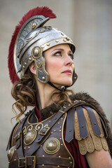 Portret silnej kobiety w zbroi rzymskiego legionisty. Koncepcja siły, odwagi i feminizmu.