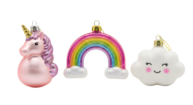 Cute unicorn, rainbow, and smiling cloud Christmas ornaments isolated on white background perfect for holiday decoration