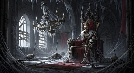 A crowned skeletal king on a decaying throne dominates a desolate, cobweb-filled gothic castle hall, an eerie vision of dark fantasy and forgotten medieval power