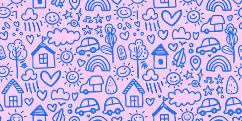 Charming hand drawn doodle seamless pattern featuring houses cars rainbows sun clouds and trees