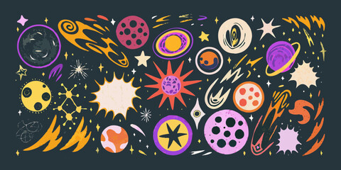 Whimsical hand drawn space elements featuring planets stars and comets in vibrant colors © Lalin