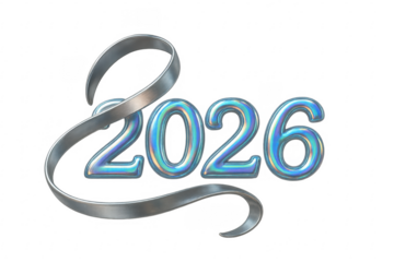 Silver ribbon winding around 2026 lettering on transparent background