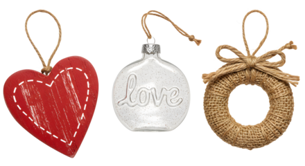 Rustic Christmas ornaments set with red heart, white love ball, and burlap wreath, perfect for holiday decoration and festive home d?cor