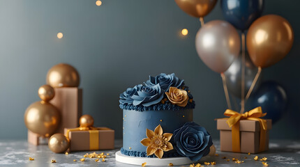 Luxurious Celebration Background with Cake, Gifts, and Balloons