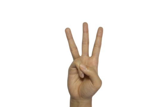 Isolated hand displaying number three with fingers up, perfect for overlays and compositions using