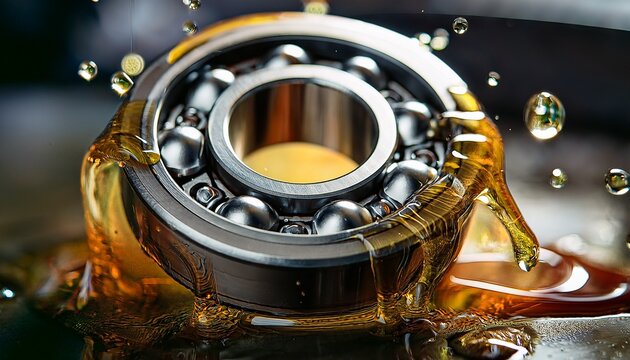 close up of a ball bearing with lubricant drops highlighting the importance of lubrication in mechanical systems and maintenance for industrial machinery and engineering applications