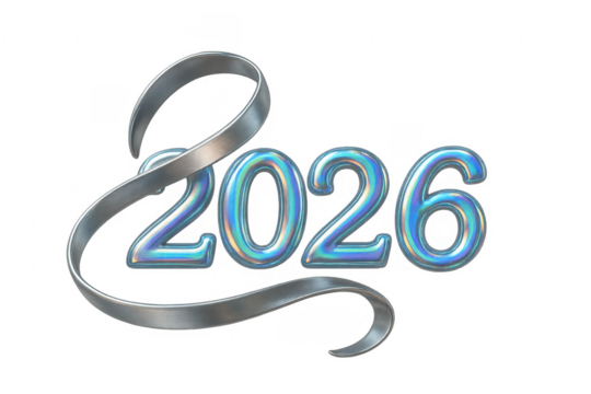 Silver ribbon winding around 2026 lettering on transparent background