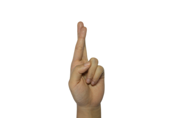 Fingers crossed gesture on transparent background symbolizing hope, luck, or possibly deception