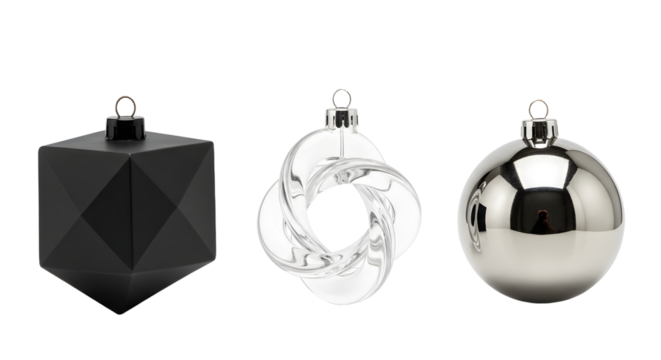Set of black and silver Christmas tree ornaments with geometric and spherical shapes, perfect for modern holiday decorations