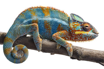Obraz premium Colorful chameleon perched on a branch isolated on transparent background